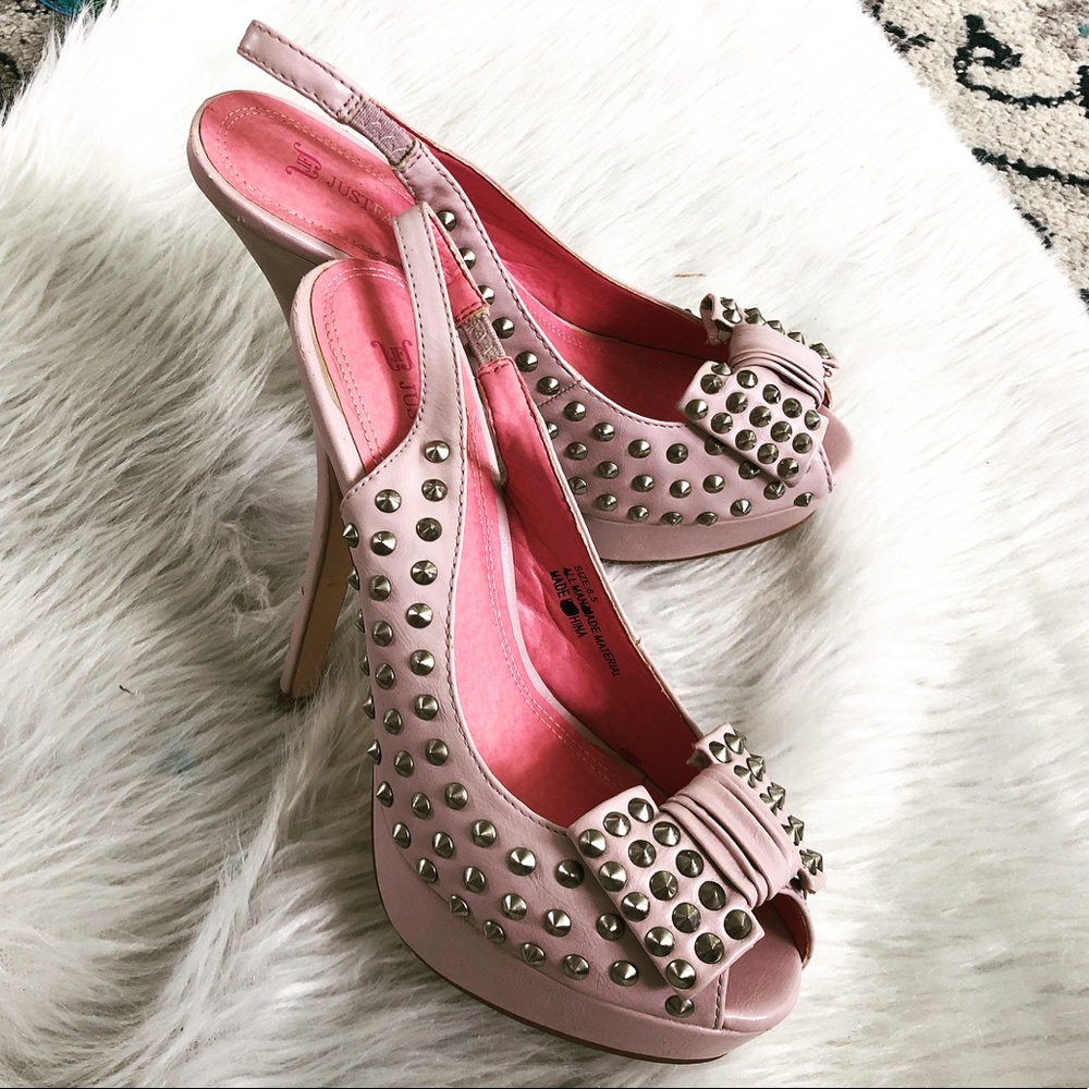 Nude Studded Sling Back High Heels Bow Open Toed